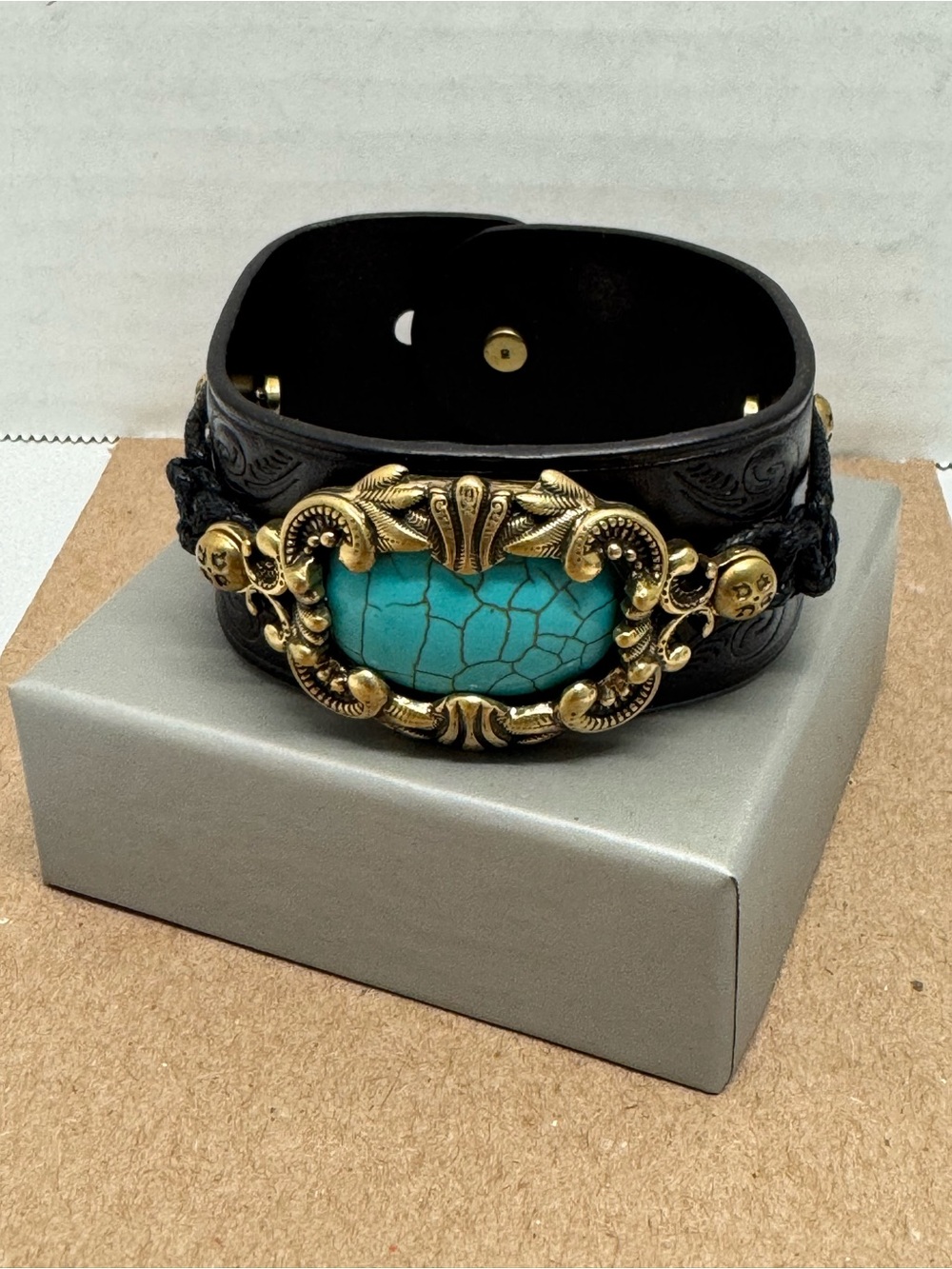 Patricia Nash Lucinda Turquoise Magnesite Leather Cuff Wrap Bracelet